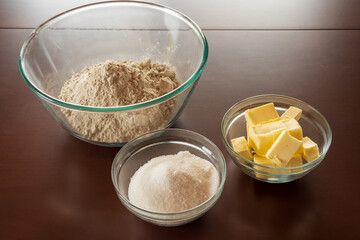 baking ingredients flour, sugar, butter. dough preparation