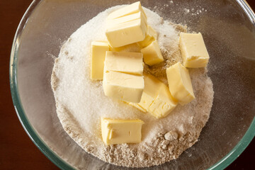 baking ingredients eggs, flour, sugar, butter, yeast. dough preparation