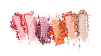 Close-up of make-up swatches. Smears of crushed shiny color eye shadow with brush