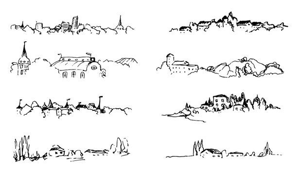 Landscape ink sketch set. Rural places, small houses. farms, city view horizontal illustrations.
