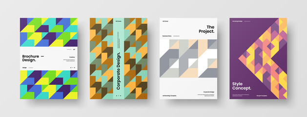 Obraz premium Company identity brochure template collection. Business presentation vector A4 vertical orientation front page mock up set. Corporate report cover abstract geometric illustration design layout bundle.