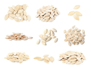 Set of raw pumpkin seeds on white background
