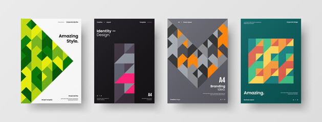 Naklejka premium Company identity brochure template collection. Business presentation vector A4 vertical orientation front page mock up set. Corporate report cover abstract geometric illustration design layout bundle.