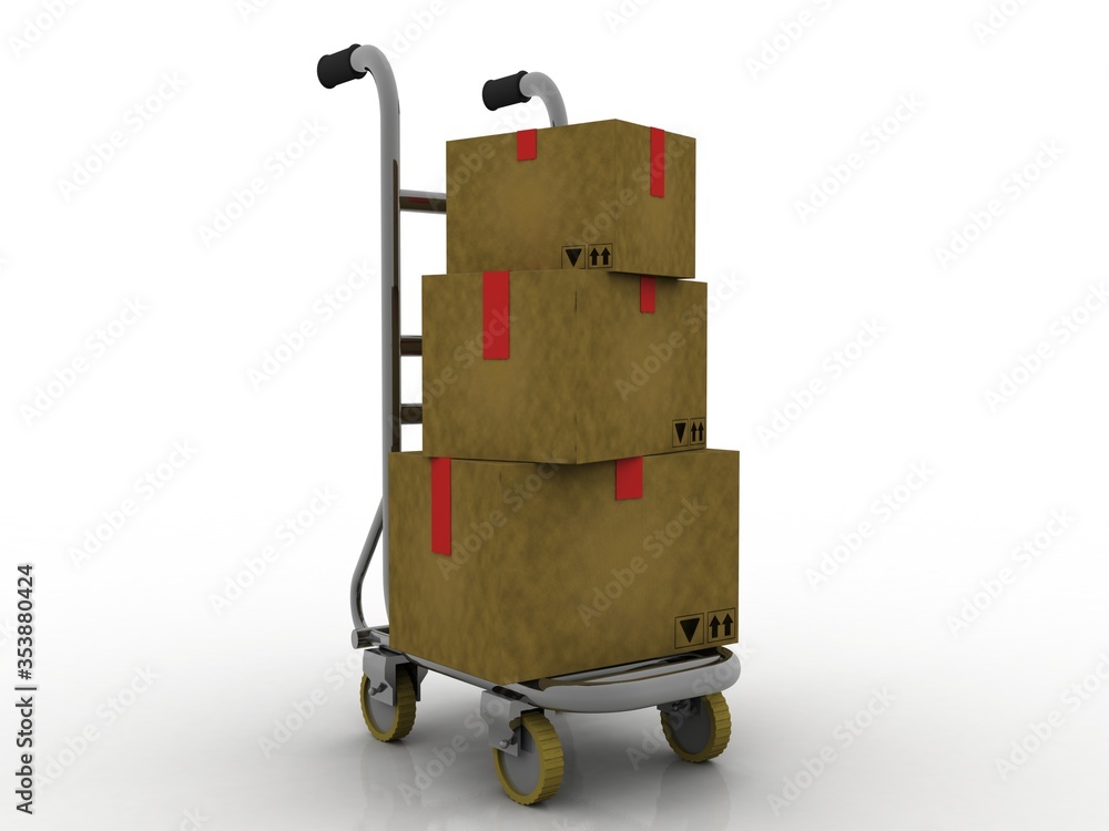 Poster 3d rendering cardboard boxes in shopping cart