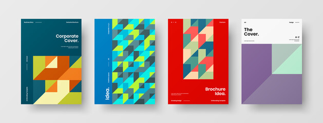 Fototapeta premium Company identity brochure template collection. Business presentation vector A4 vertical orientation front page mock up set. Corporate report cover abstract geometric illustration design layout bundle.