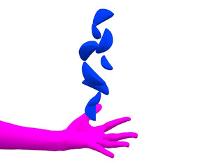  Flying elements background lights neon style modern concept abstract decoration frame place. Abstract liquid colorful shapes. Realistic human hand.