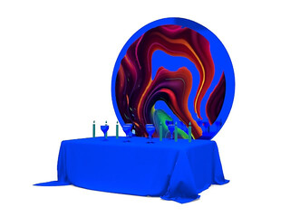 Still life with table. 3d christmas abstract art composition. Neon composition table candle art . Abstract liquid colorful shapes. 