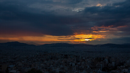 Sunset in Athens city from Galatsi. Aerial view