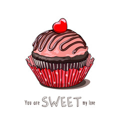 Card of a Valentine's Day. Cupcake with a sweet heart. Vector illustration.