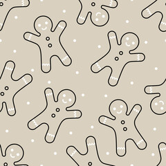 Fototapeta na wymiar Seamless pattern of gingerbread mans and white circles on beige background