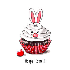 Card of a Easter Holiday. Cupcake in the shape of a bunny with a sweet heart. Vector illustration.