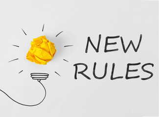 Composition with crumpled paper ball, drawing of lamp bulb and text NEW RULES on white background,...