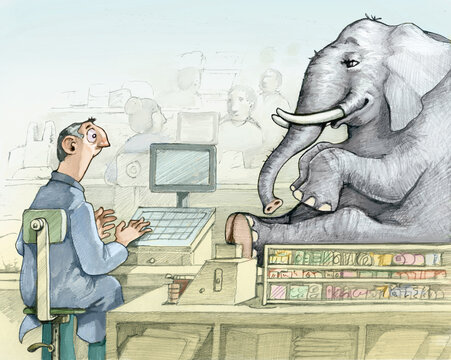 elephant in the supermarket allegory of hard work dor a cashier political cartoon aginst exploitation