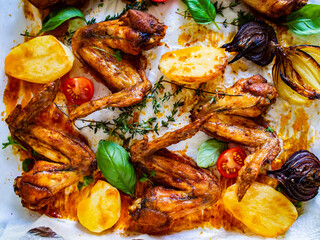 Sheet-pan barbecue chicken drumsticks with vegetables
