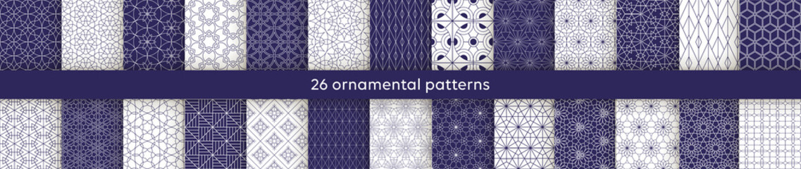 Set  oriental patterns. White and blue background with Arabic ornaments. Patterns, backgrounds and wallpapers for your design. Textile ornament. Vector illustration.