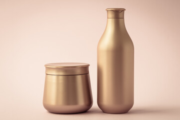 Articles used in washing and taking care of hair, such as mask, shampoo. Set of golden cosmetic bottles, toiletries in bathroom. Plastic flacon and jar on brown background. Beauty products.