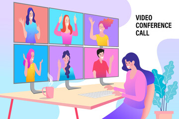 female employee talk on video call with multiracial coworkers engaged in online briefing from home. businesswoman speak using Webcam conference on laptop with diverse colleagues.