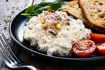 Breakfast - cottage cheese, toasts and vegetables
