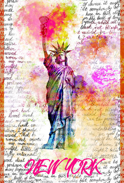 Liberty Statue New York Pop Art Illustration - Bright Rainbow Colors, Pink Prange Yellow, Typography Graphic Art