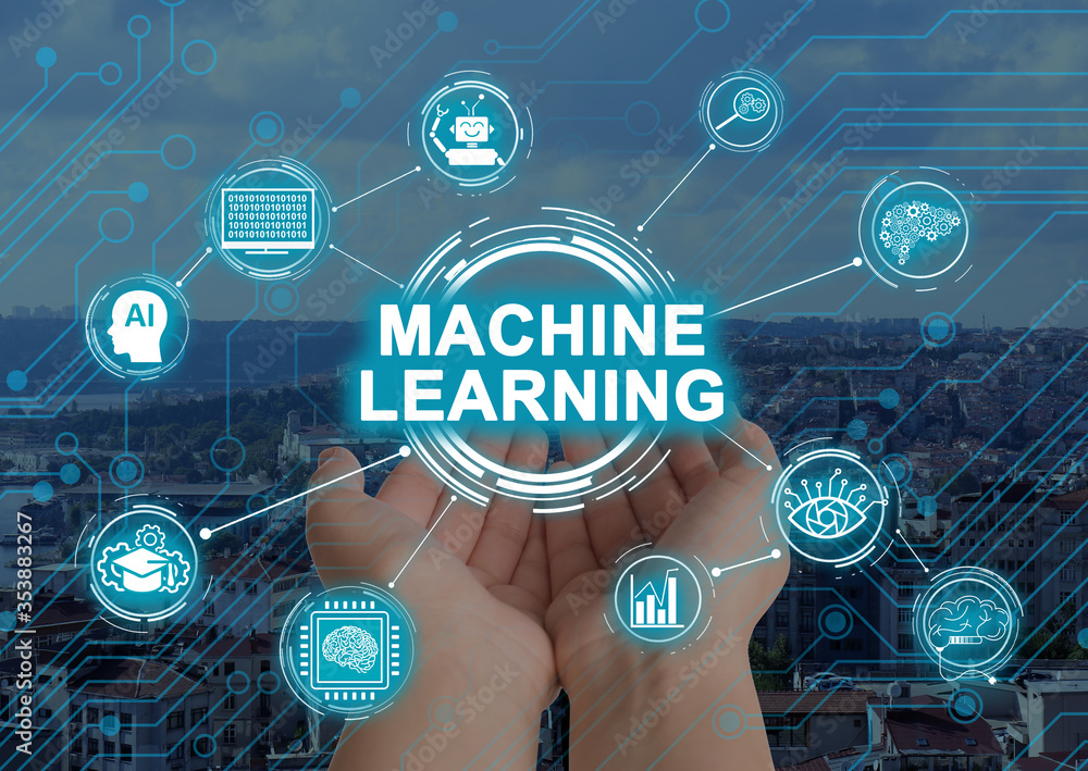Poster woman demonstrating machine learning model with linked icons and cityscape on background, closeup