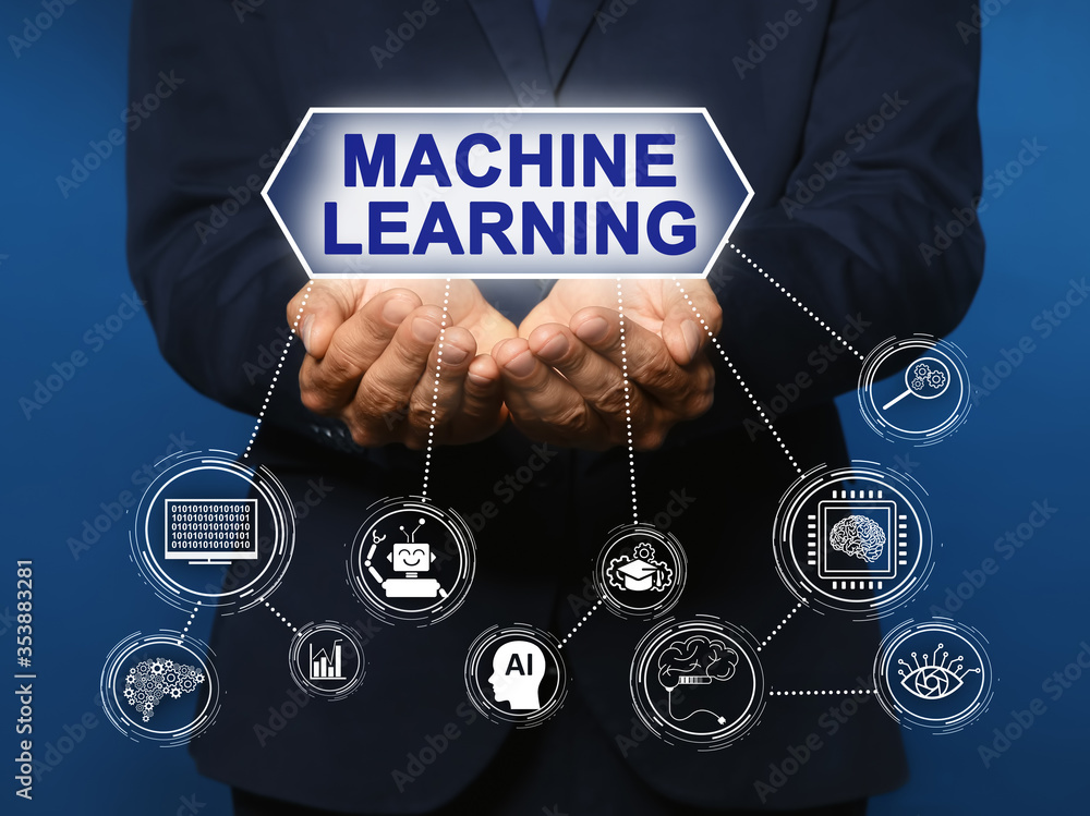 Poster man demonstrating machine learning model with linked icons on blue background, closeup