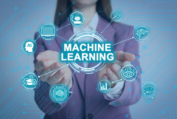 Woman demonstrating machine learning model with linked icons, closeup