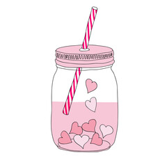Postcard Valentine's Day. Image of a pink hearts in a glass mason jar with label 