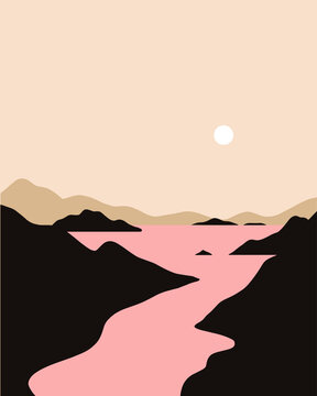 Minimalist Landscape Pink Sunset Mountain Lake Vector Illustration