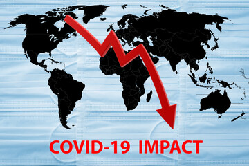 coronavirus global economy impact text over world globe and medical mask background. Covid-19 or Coronavirus Concept. pandemic crisis economic on world map