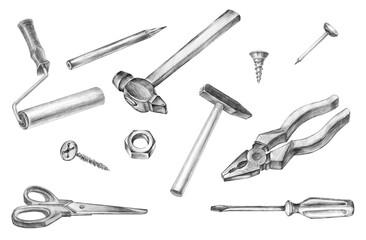 Big set pencil illustration construction tools