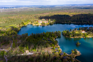 Fototapeta na wymiar Aerial view, Kahler Seenplatte with holiday apartments and campsites, Alzenau, Hesse, Germany, Europe