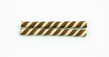 The two-tone wafer roll stick chocolate flavor on white background.