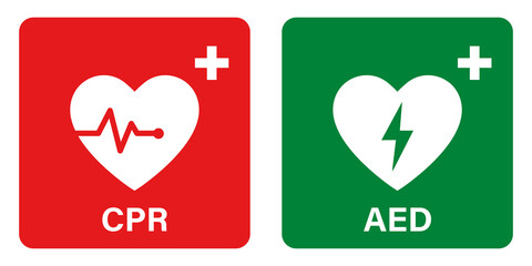 AED vector icon. Emergency defibrillator sign or icon. AED AID CPR. Vector green red isolated icon CPR. - obrazy, fototapety, plakaty