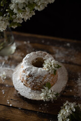 Rustic style apple bundt cake with powdered sugar on old wooden table