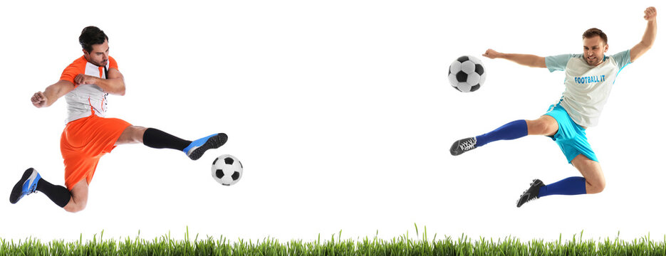 Young men playing football on white background. Banner design