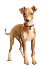 The dog is a red-haired Greyhound.  Watercolor illustration