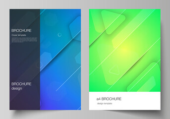 Vector layout of A4 format modern cover mockups design templates for brochure, magazine, flyer, booklet. Futuristic technology design, colorful backgrounds with fluid gradient shapes composition.