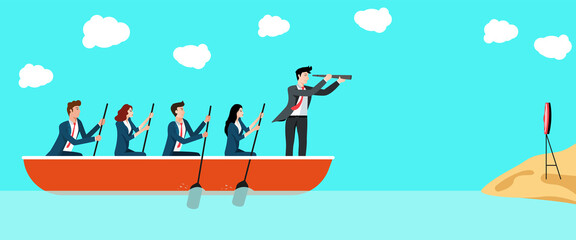 Business leadership character illustration. Leader sailing boat with a telescope helps the team reach a goal.