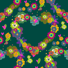 heart of flowers hand drown shape seamless pattern on dark turquoise background