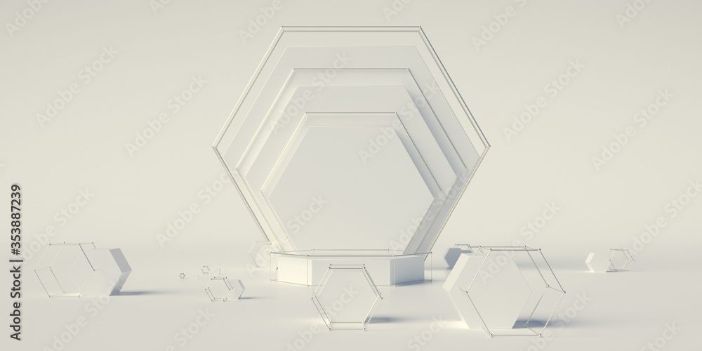 Poster 3d render of simple podium scene. geometry based composition. extrude of shapes and metal atom array