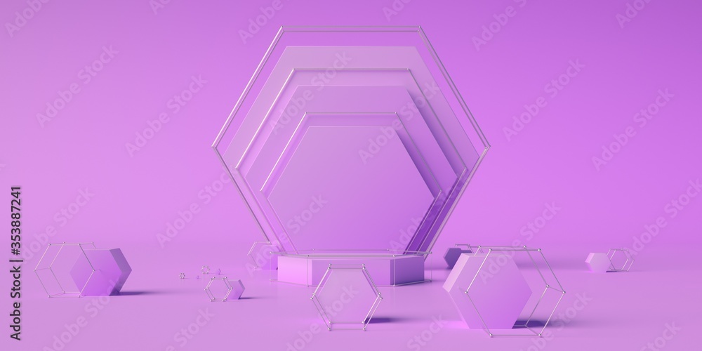 Poster 3d render of simple podium scene. geometry based composition. extrude of shapes and metal atom array
