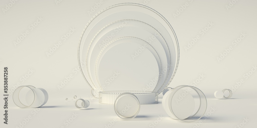 Poster 3d render of simple podium scene. geometry based composition. extrude of shapes and metal atom array