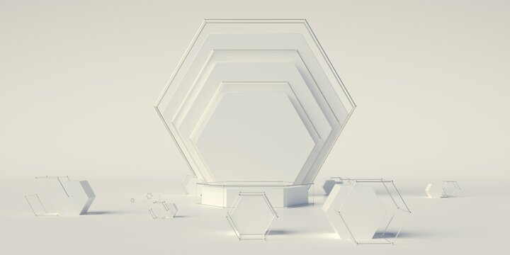 3d render of simple podium scene. Geometry based composition. Extrude of shapes and metal atom array.