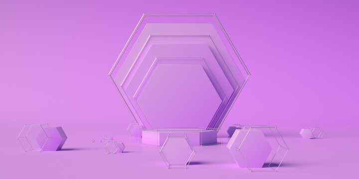 3d render of simple podium scene. Geometry based composition. Extrude of shapes and metal atom array.