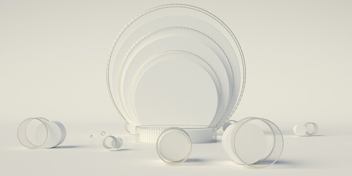 3d render of simple podium scene. Geometry based composition. Extrude of shapes and metal atom array.