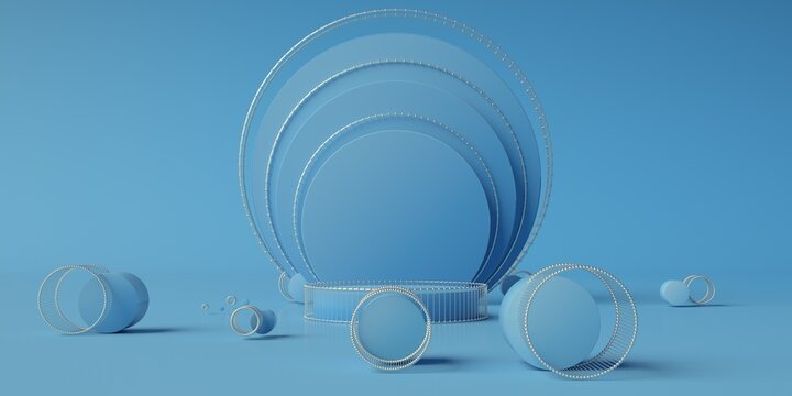 3d render of simple podium scene. Geometry based composition. Extrude of shapes and metal atom array.