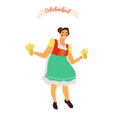 Fototapeta na wymiar Young beautiful waitress holding beer mugs at the Oktoberfest festival. Vector flat cartoon illustration.