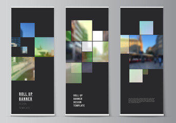 Vector layout of roll up mockup design templates for vertical flyers, flags design templates, banner stands, advertising design mockups. Abstract project with clipping mask green squares for your