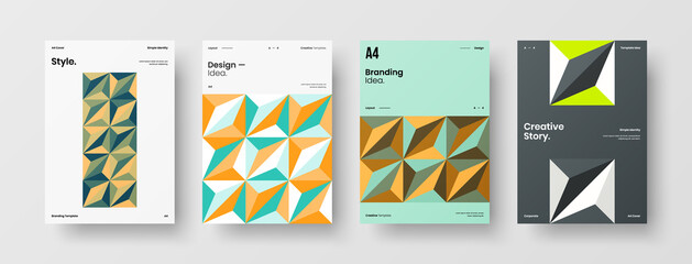 Fototapeta premium Company identity brochure template collection. Business presentation vector A4 vertical orientation front page mock up set. Corporate report cover abstract geometric illustration design layout bundle.