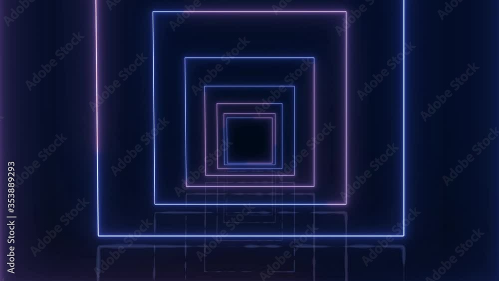 Poster neon lines in blue color - abstract movement as a tunnel of square elements with reflections on the 